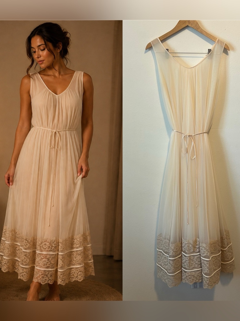 Vintage Women’s Sheer Ivory Lace-Trim Maxi Nightgown